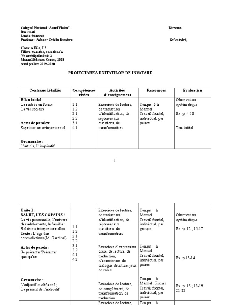 Planificare Unitati de Invatare CL A Ix A | PDF | Pronom | Sémiotique