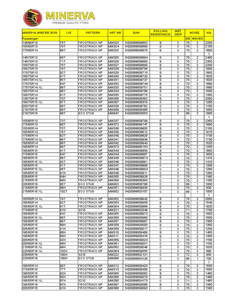 Minerva Winter Tire Specifications 2019 | PDF | Electric Rail Transport ...