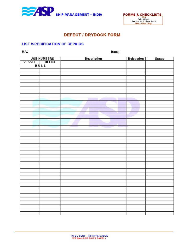 Dry Dock Defect Report Form DE-4 | PDF | Ships | Specification ...