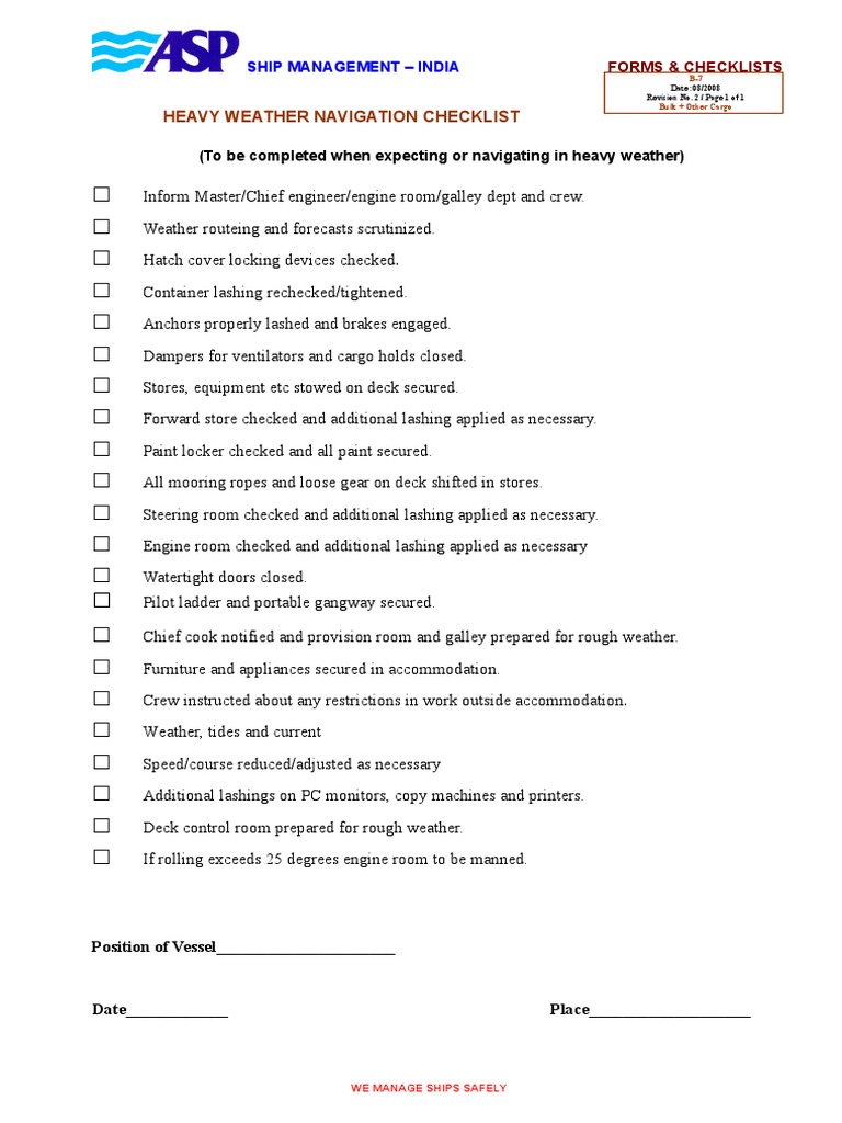 Heavy Weather Navigation Checklist | PDF | Ships | Shipping
