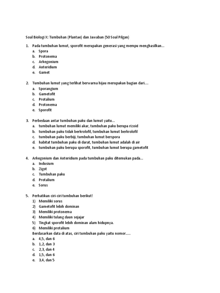 Soal Biologi X Plantae