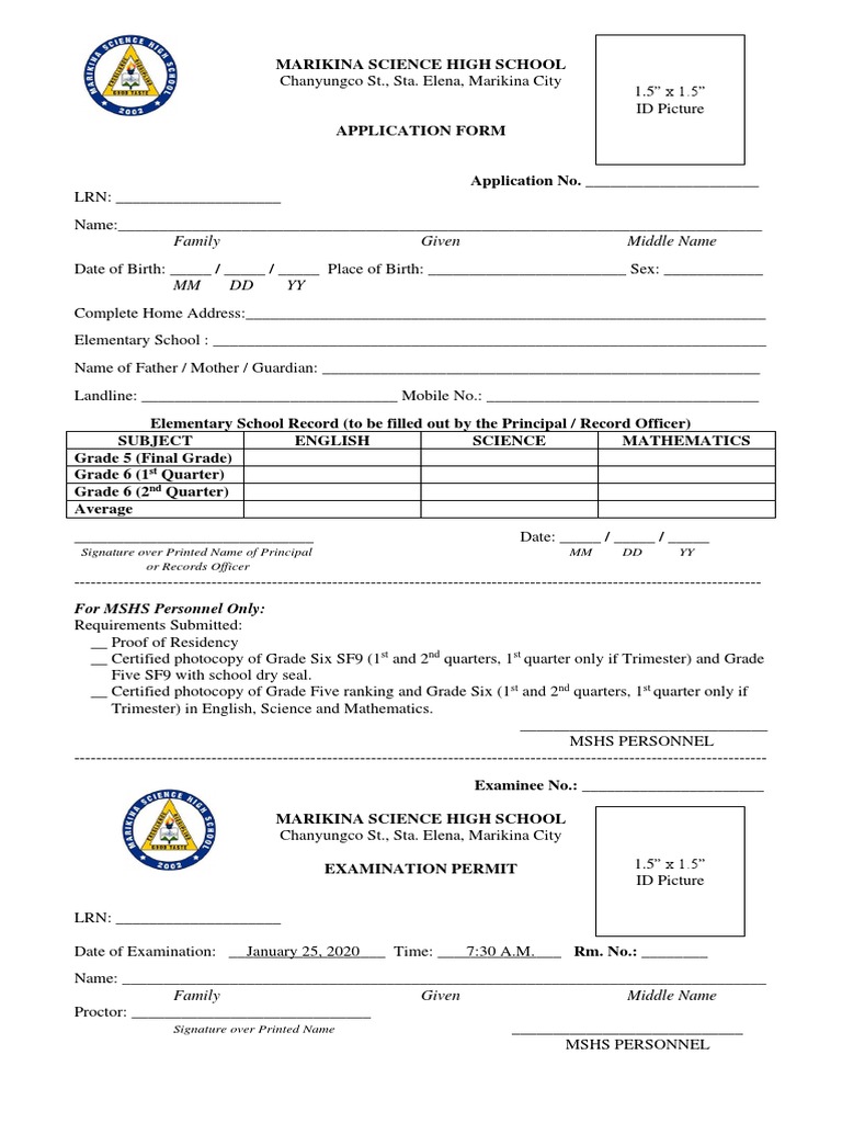 Marikina Science High School Application Form | PDF