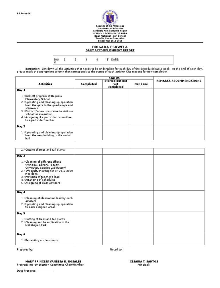 BE Form 6 DAILY ACCOMPLISHMENT REPORT | PDF | Behavior Modification ...