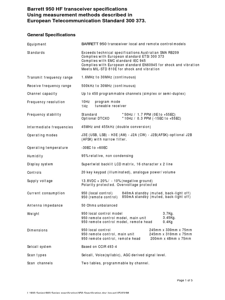 Barrett 950 HF Transceiver Specs | PDF | Signal Processing | Electronics