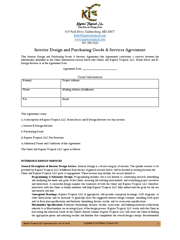 Interior Design and Purchasing Goods Agreement | PDF | Design | Fee