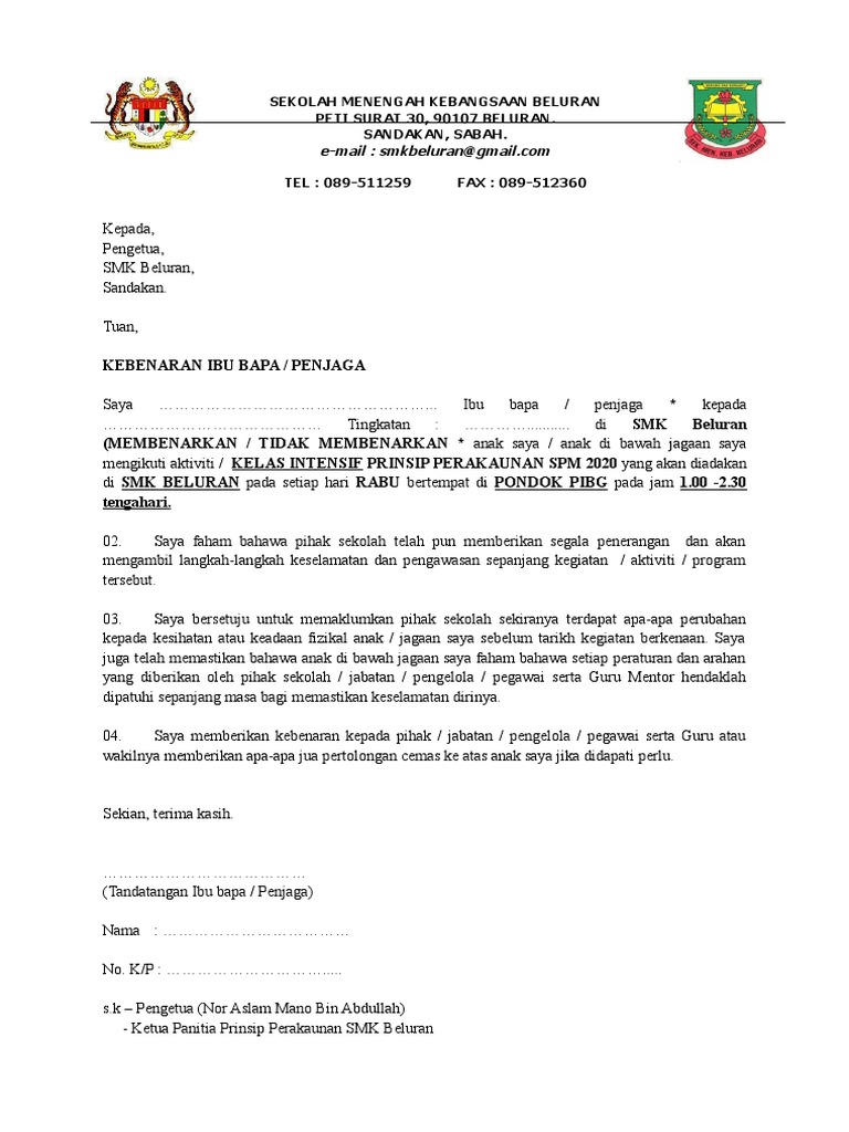 Surat Kebenaran Ibu Bapa Untuk Mengikuti Program Sekolah Pdf