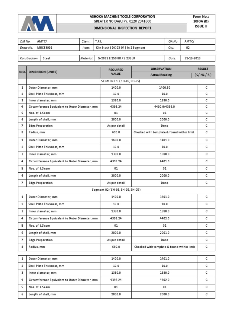 Dimensional Inspection Report for Kiln Stack | PDF | Industrial ...