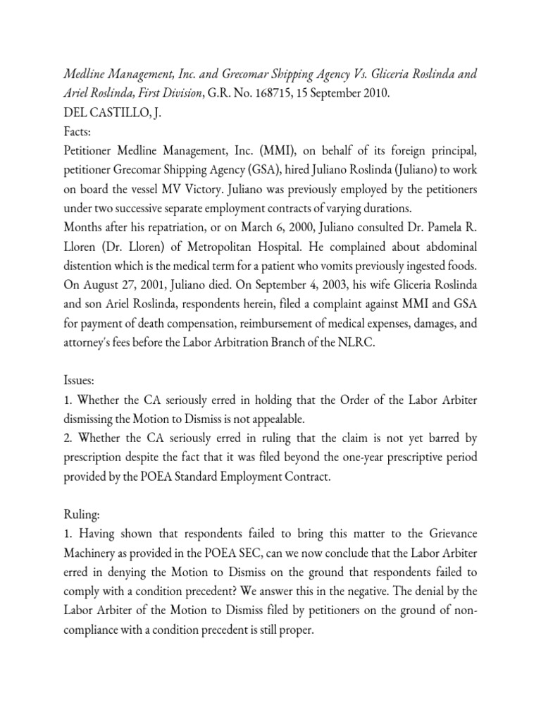 Medline Management, Inc. and Shipping Agency vs. Gliceria