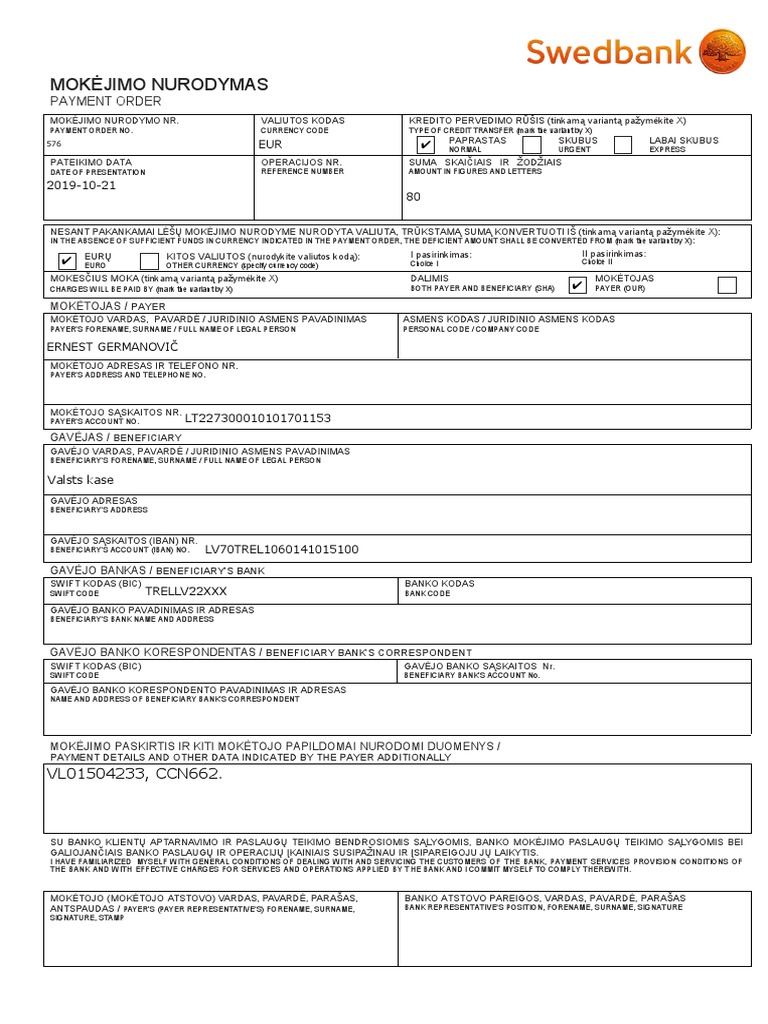 Swedbank Payment Order Details | PDF | Payments | Financial Technology