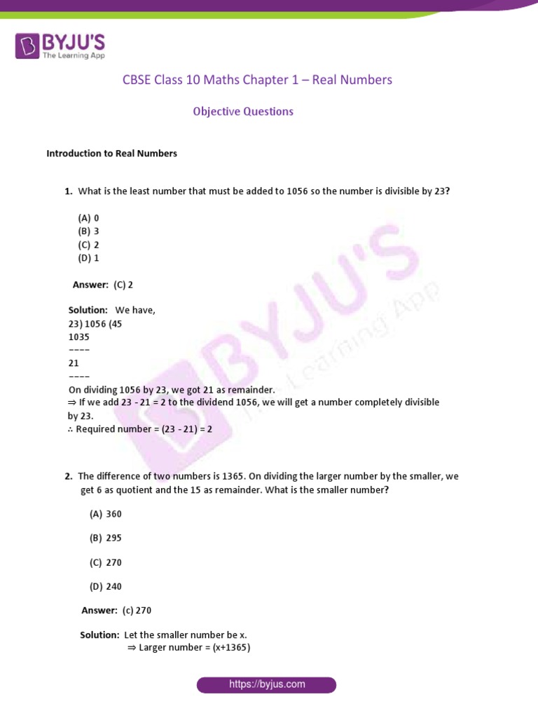 CBSE Class 10 Maths Chapter 1 Real Numbers Objective Questions | PDF ...