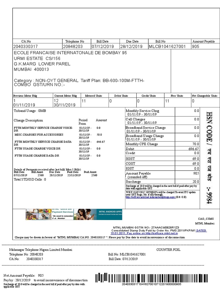 MTNL Landline Bill 2019 PDF Services (Economics) Financial