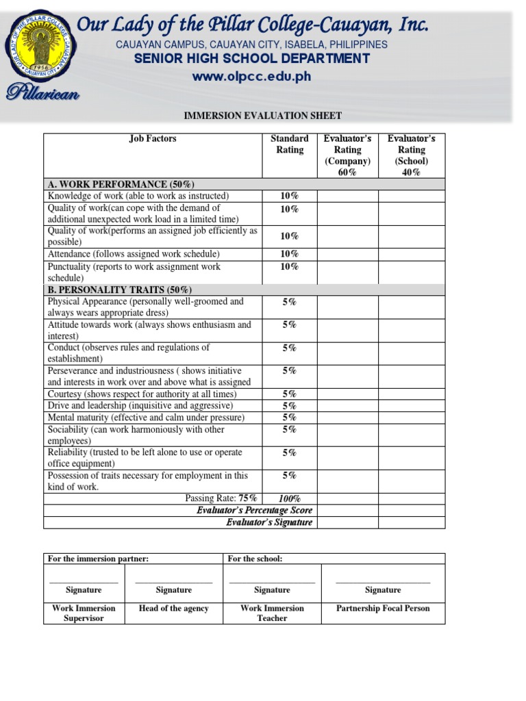 Work Immersion Evaluation Form | PDF | Employment | Applied Psychology