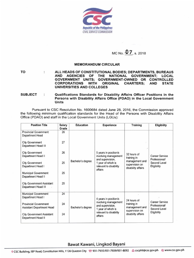 CSC MC No. 07 S. 2018 PDAO Positions PDF PDF