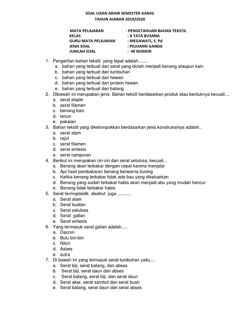 Soal Bahan Tekstil Tata Busana
