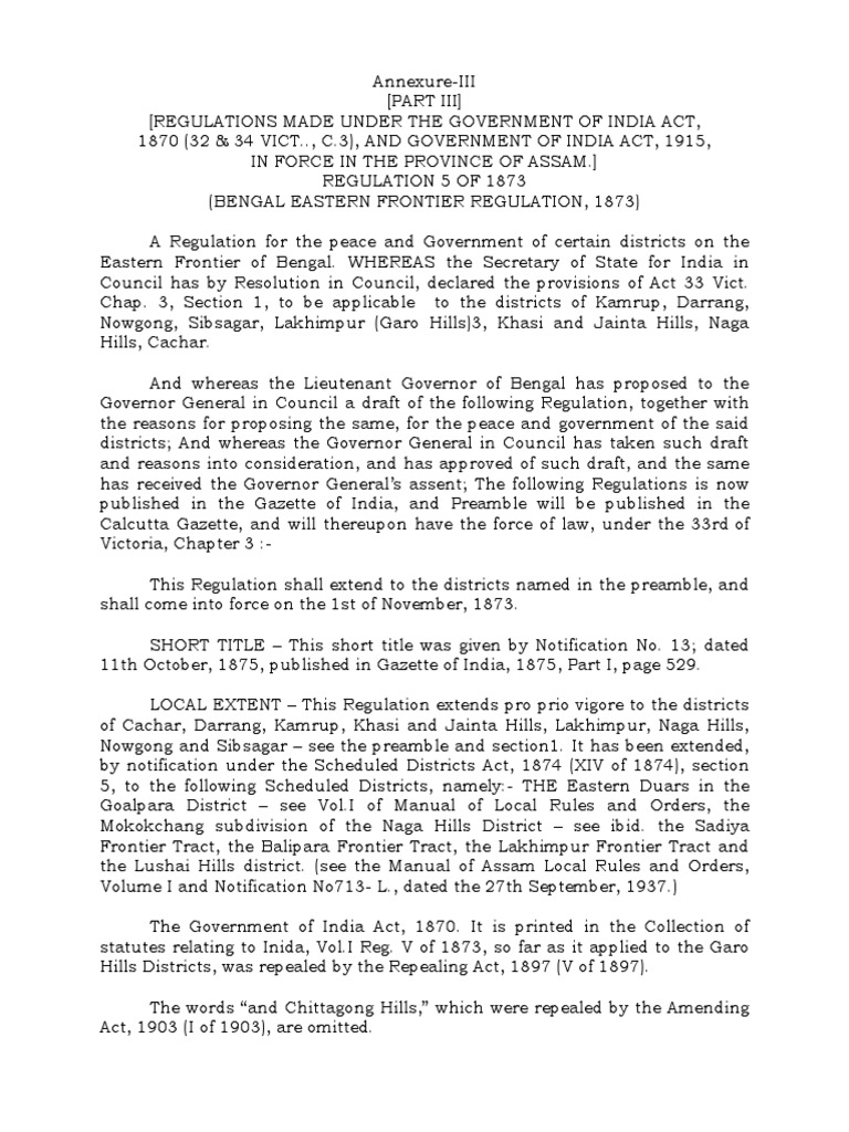 Bengal Eastern Frontier Rules 1873 PDF Public Law Legal Documents