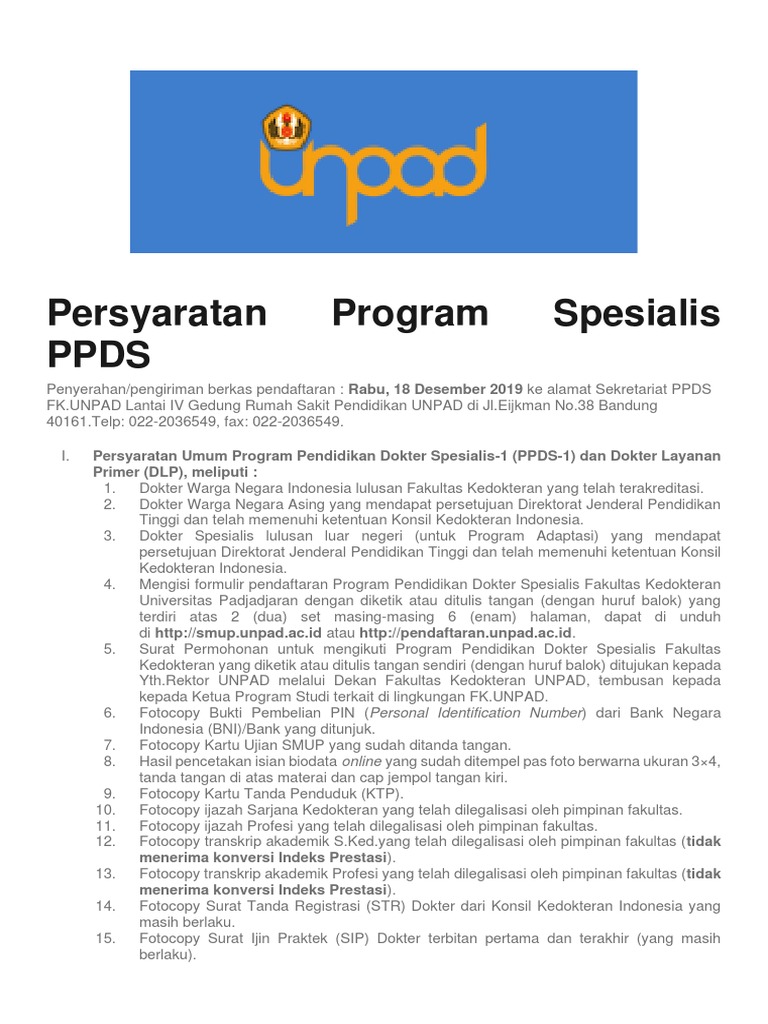Persyaratan Ppds Fk Unpad 2019