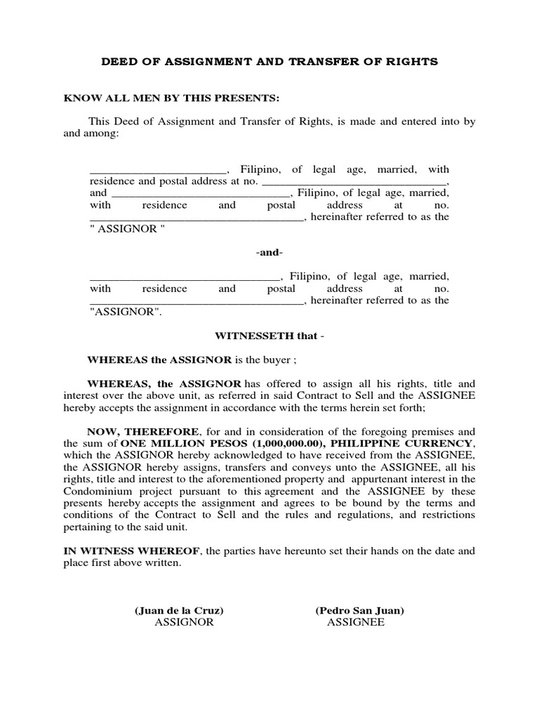 Deed of Assignment and Transfer of Rights | PDF | Assignment (Law ...