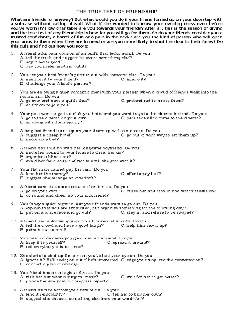 True Friendship Quiz and Scoring Guide | PDF