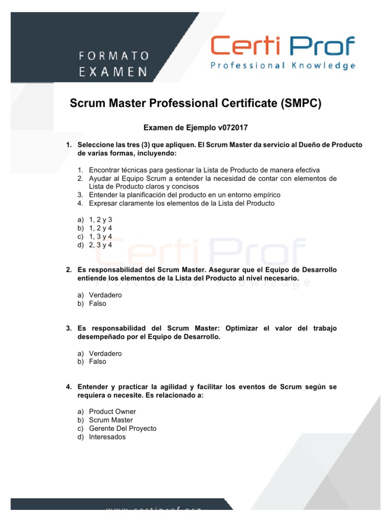 Exam Scrum Master Professional Certificate (SMPC) 072017 | PDF | Scrum ...