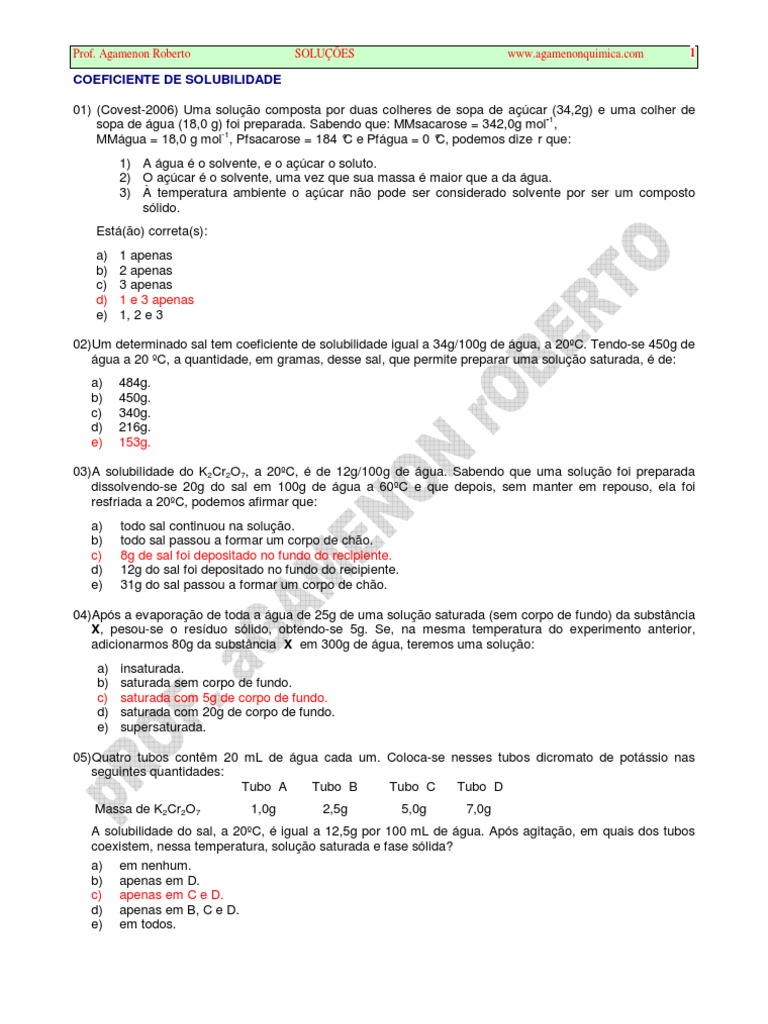 Questões sobre Soluções e Solubilidade | PDF | Solubilidade | Solução