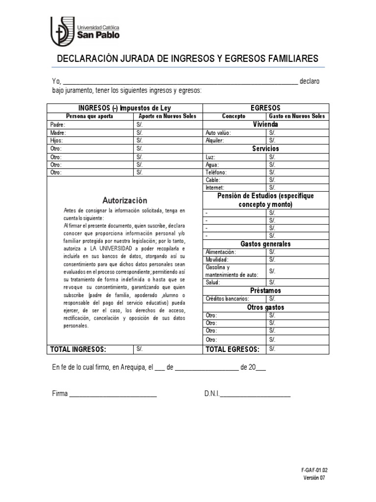 Declaración Jurada de Ingresos y Egresos | PDF | Gobierno | Business