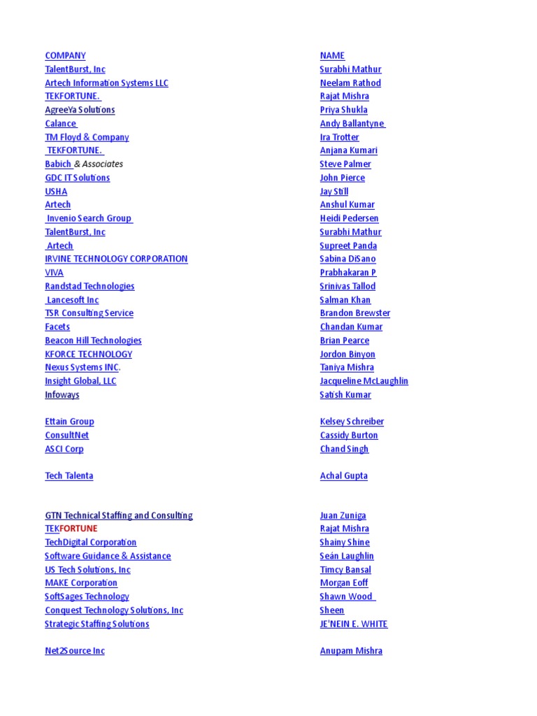 Vendor List (Bench Sales)