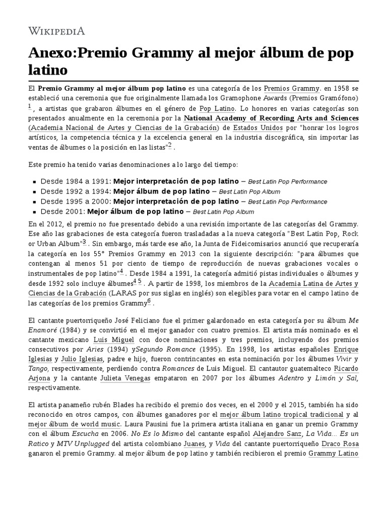 Anexo Premio Grammy Al Mejor Álbum de Pop Latino PDF Músicos