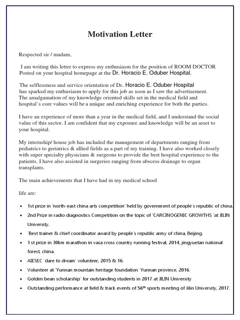 Motivation Letter For Job Application  PDF  Hospital  Physician