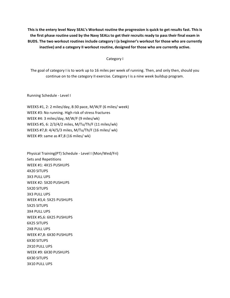 Navy SEALs Category I and II Workout Routines | PDF | Physical Fitness ...