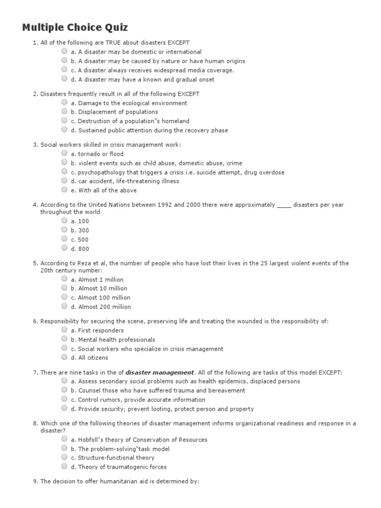 DRRMMultiple Choice Quiz.pdf Crisis Management Emergency Management