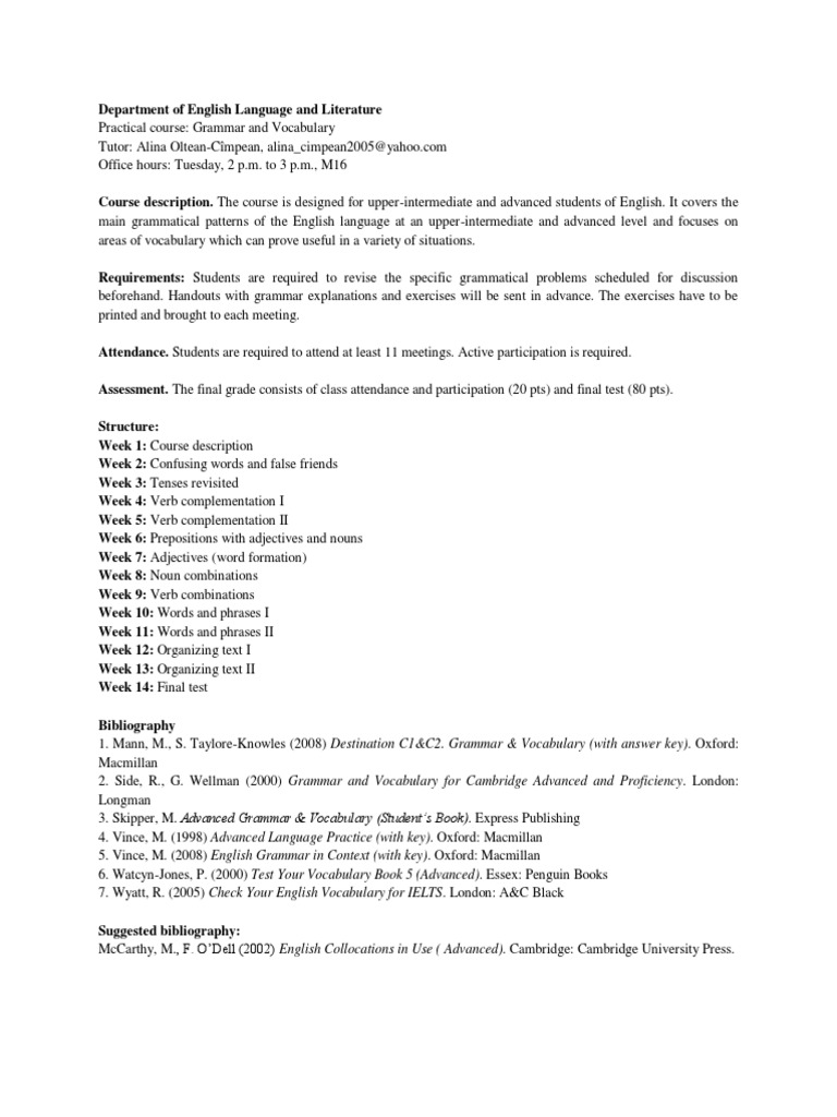 Vocabulary and Grammar - Course Description PDF | PDF | Career & Growth ...