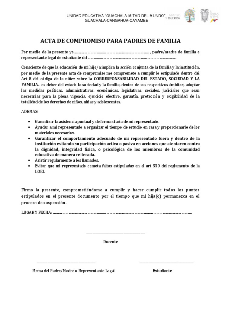 Acta de Compromiso para Padres de Familia | PDF