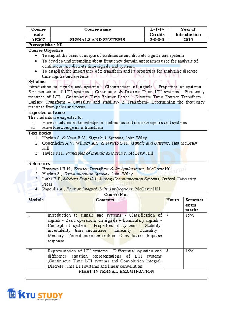 Signals and Systems S5 Syllabus | PDF | Laplace Transform | Fourier ...