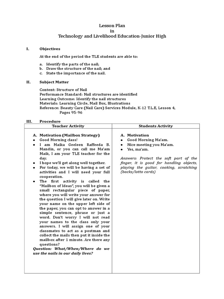 Lesson Plan PDF Nail (Anatomy) Skin