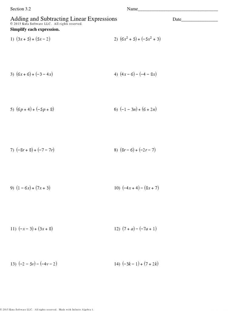 Adding and Subtracting Linear Expressions Worksheet | PDF | Teaching ...