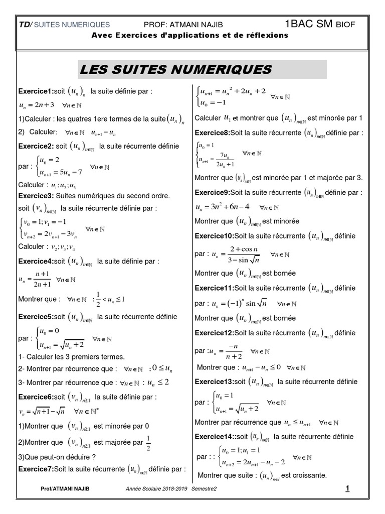 Exercices Corrigés Suites Arithmétiques Géométriques Pdf Bac Pro Les Suites Numeriques Serie D Exercices 1 | PDF | Fonction (Mathématiques)  | Analyses
