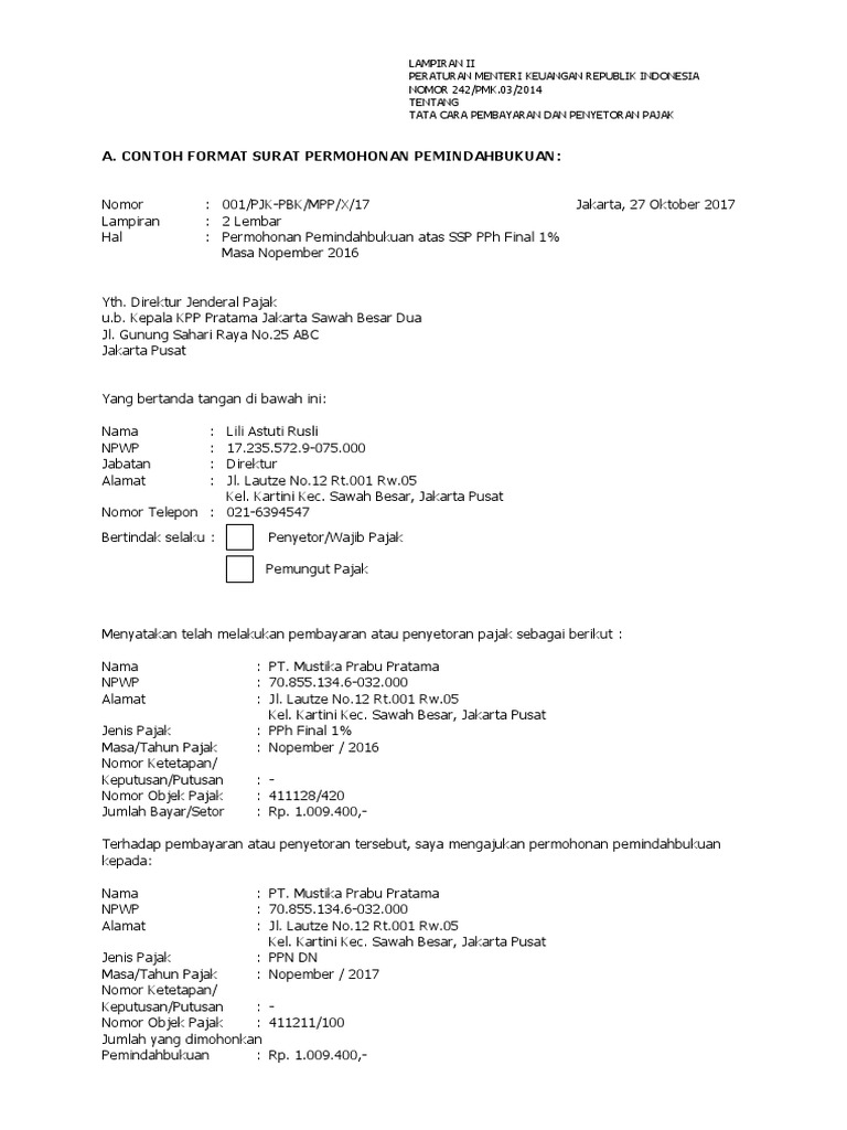 Contoh Surat Pemindahbukuan Pajak | PDF | Pengelolaan Keuangan & Uang ...