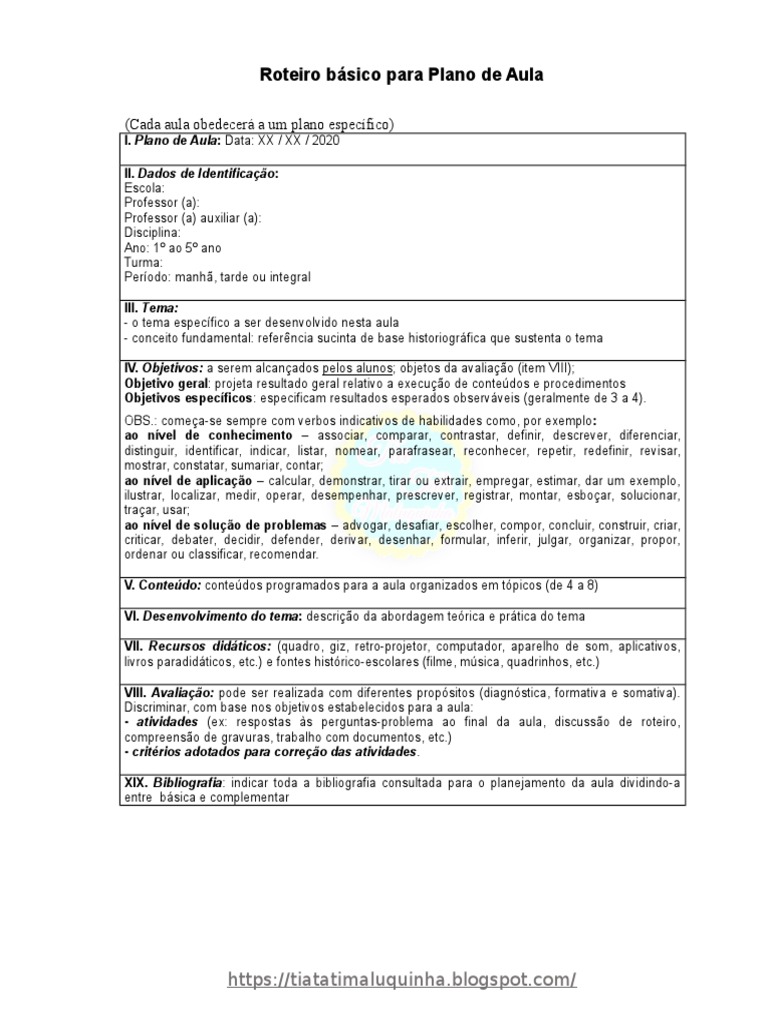 Roteiro Básico Para Plano de Aula Editável Em Word-3 | PDF