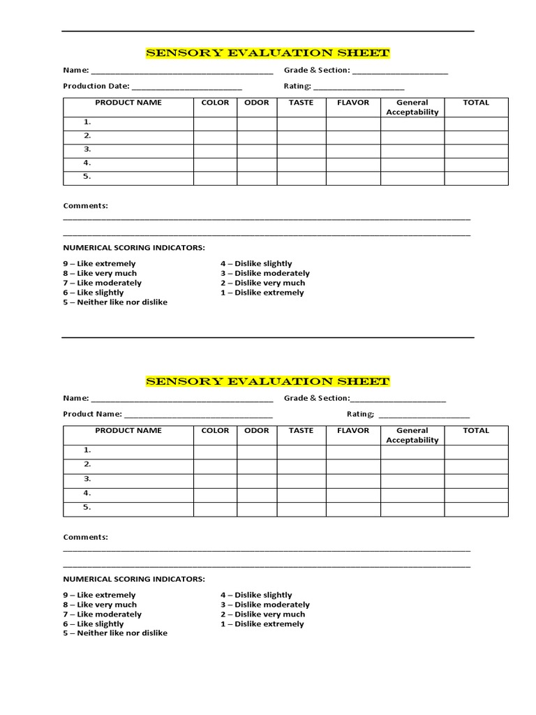 Sensory Evaluation Sheet | PDF