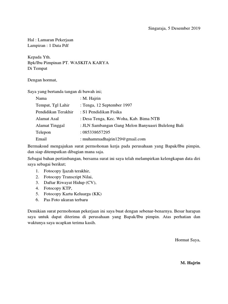 Surat Lamaran Kerja PT WASKITA KARYA | PDF