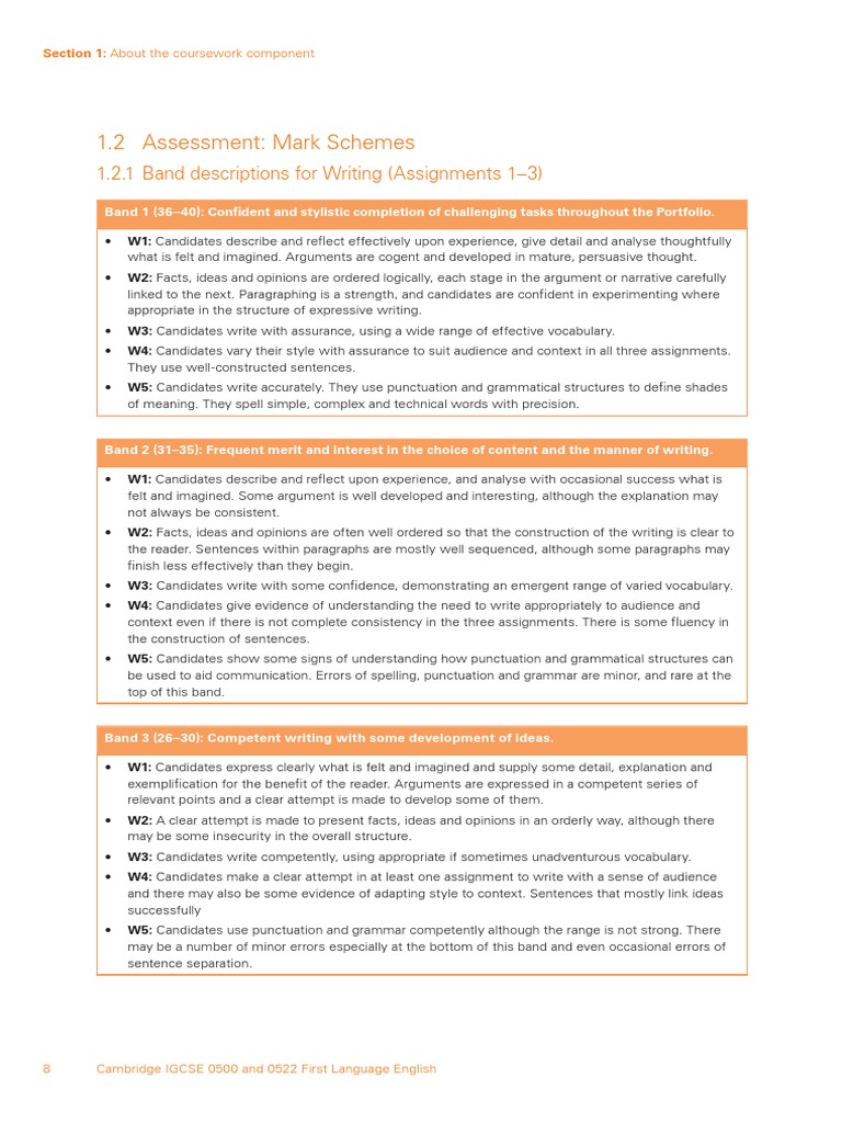 0500 Coursework Mark Scheme - 1-3 | PDF | Punctuation | Vocabulary