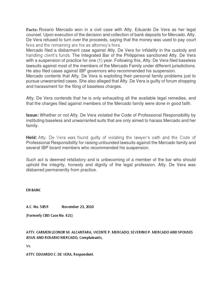Disbarment of Atty. De Vera for Malpractice | PDF | Lawyer | Disbarment