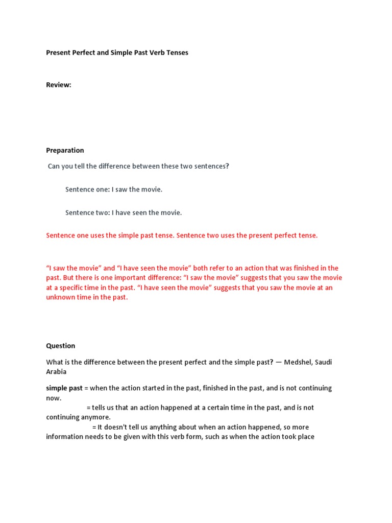 Present Perfect vs Simple Past Tenses | PDF | Perfect (Grammar ...