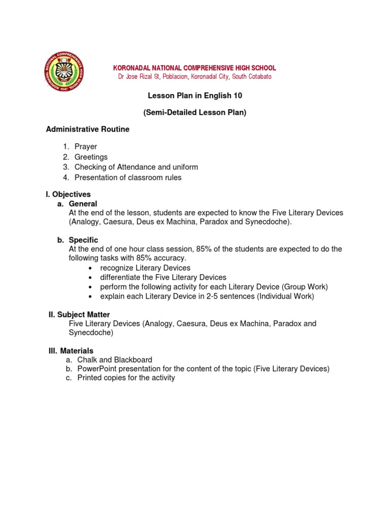 English 10: Five Literary Devices Lesson Plan | PDF