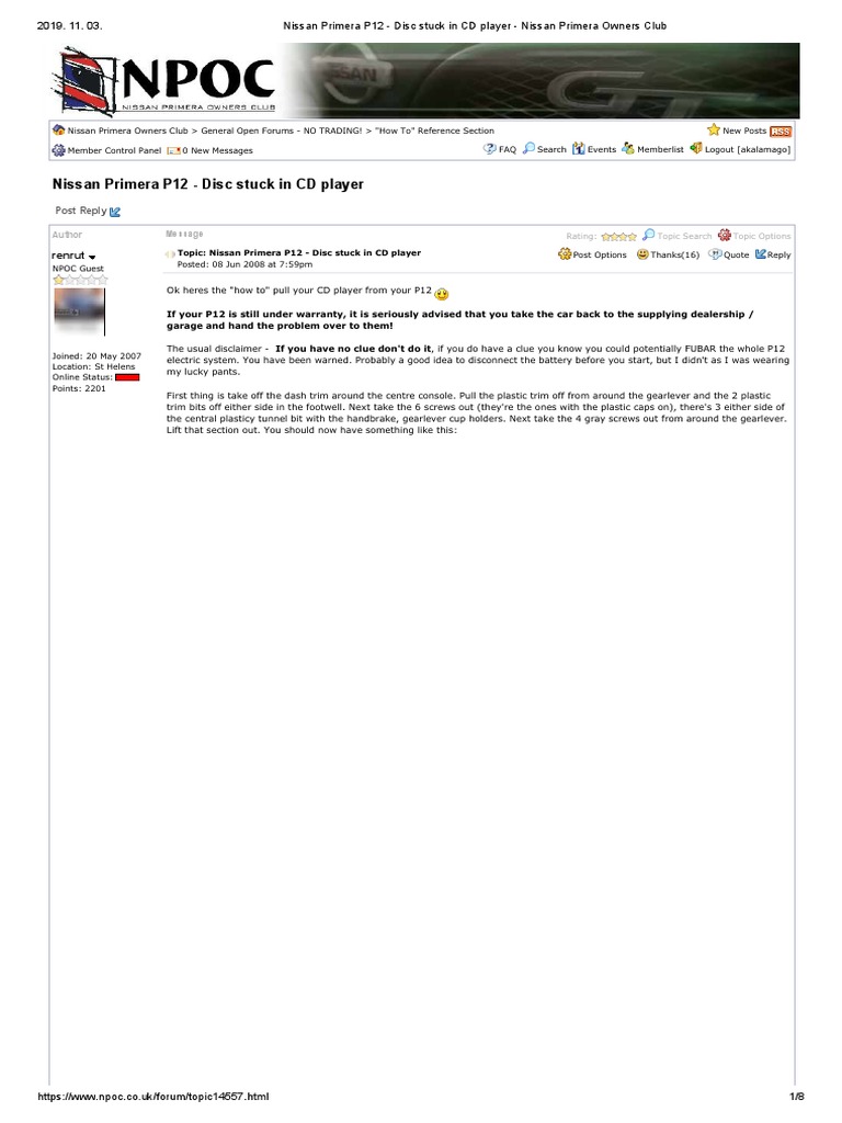 Nissan Primera P12 Disc Stuck in CD Player Nissan Primera Owners