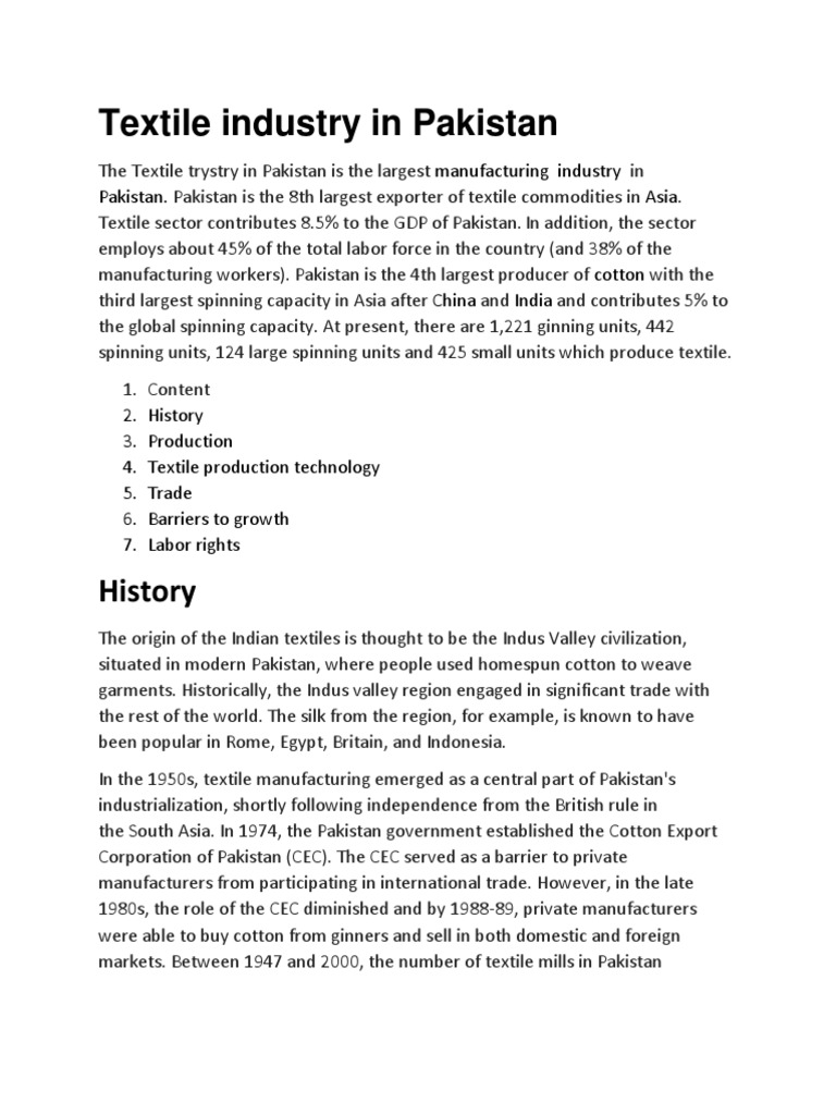 Textile Industry in Pakistan PDF Textiles Economies