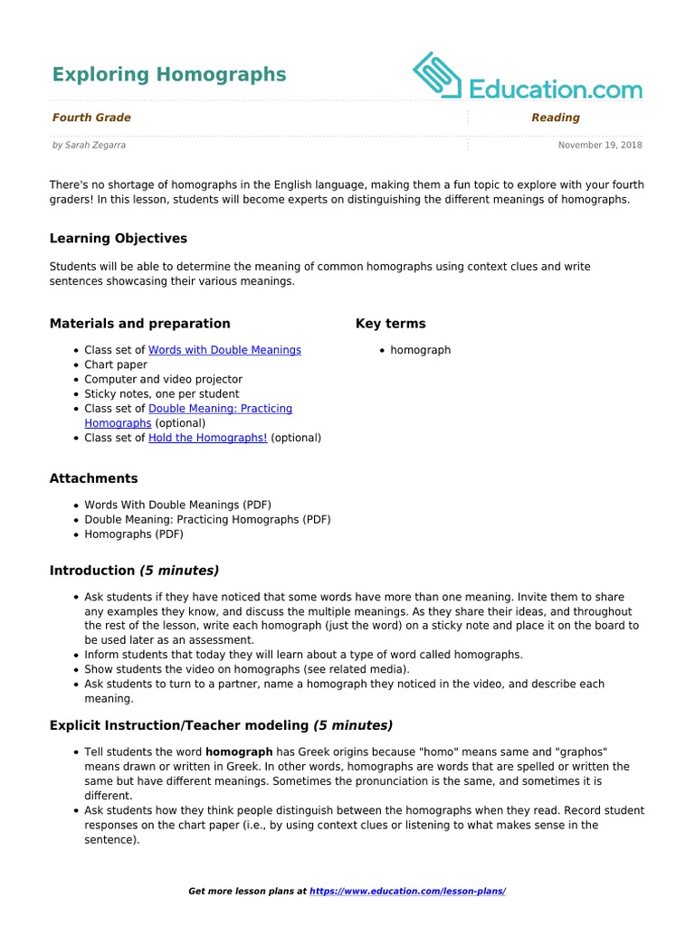 Exploring Homographs PDF | PDF | Lesson Plan | Books