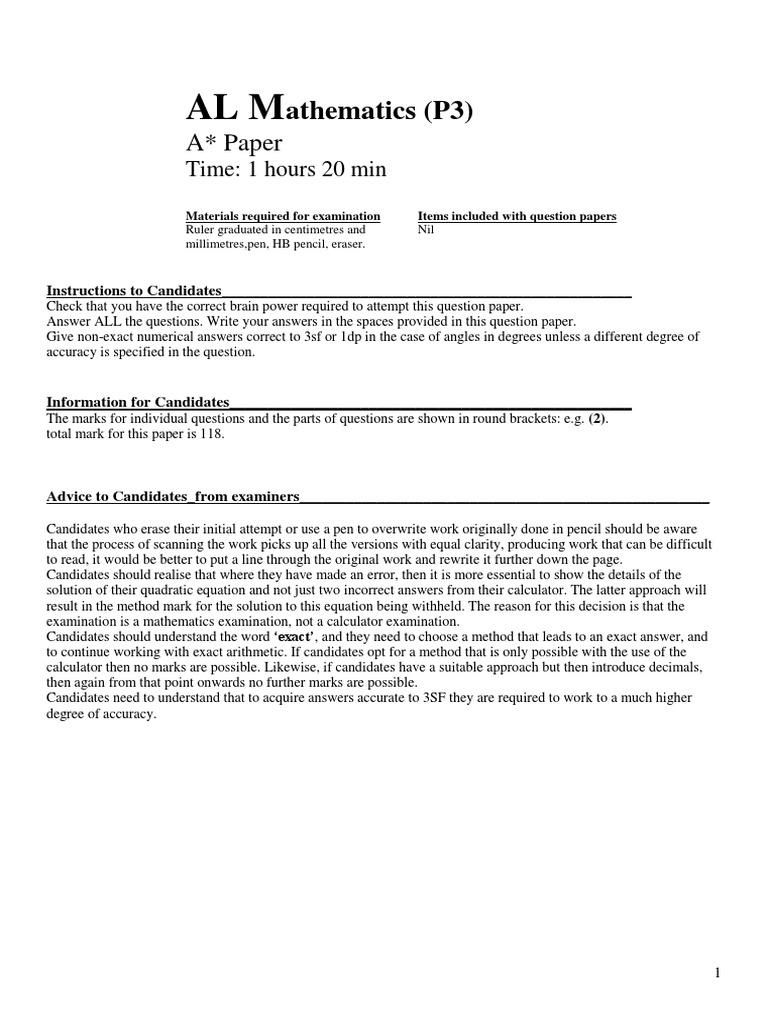 A* Level Mathematics P3 Exam Paper | PDF | Test (Assessment) | Question