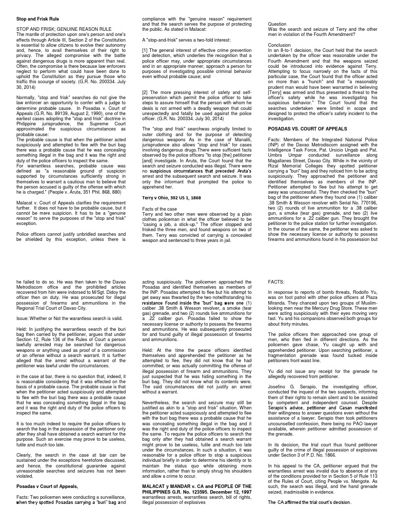Stop and Frisk Rule PDF Terry Stop Search And Seizure
