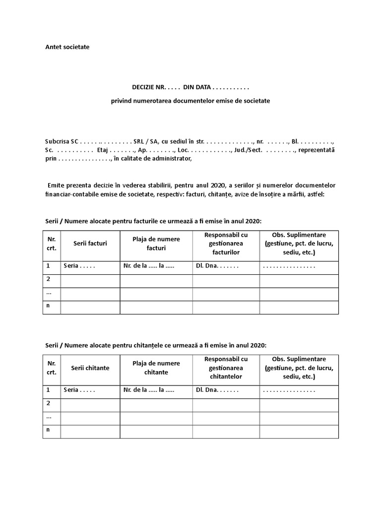 Decizie Numerotare Facturi 2020